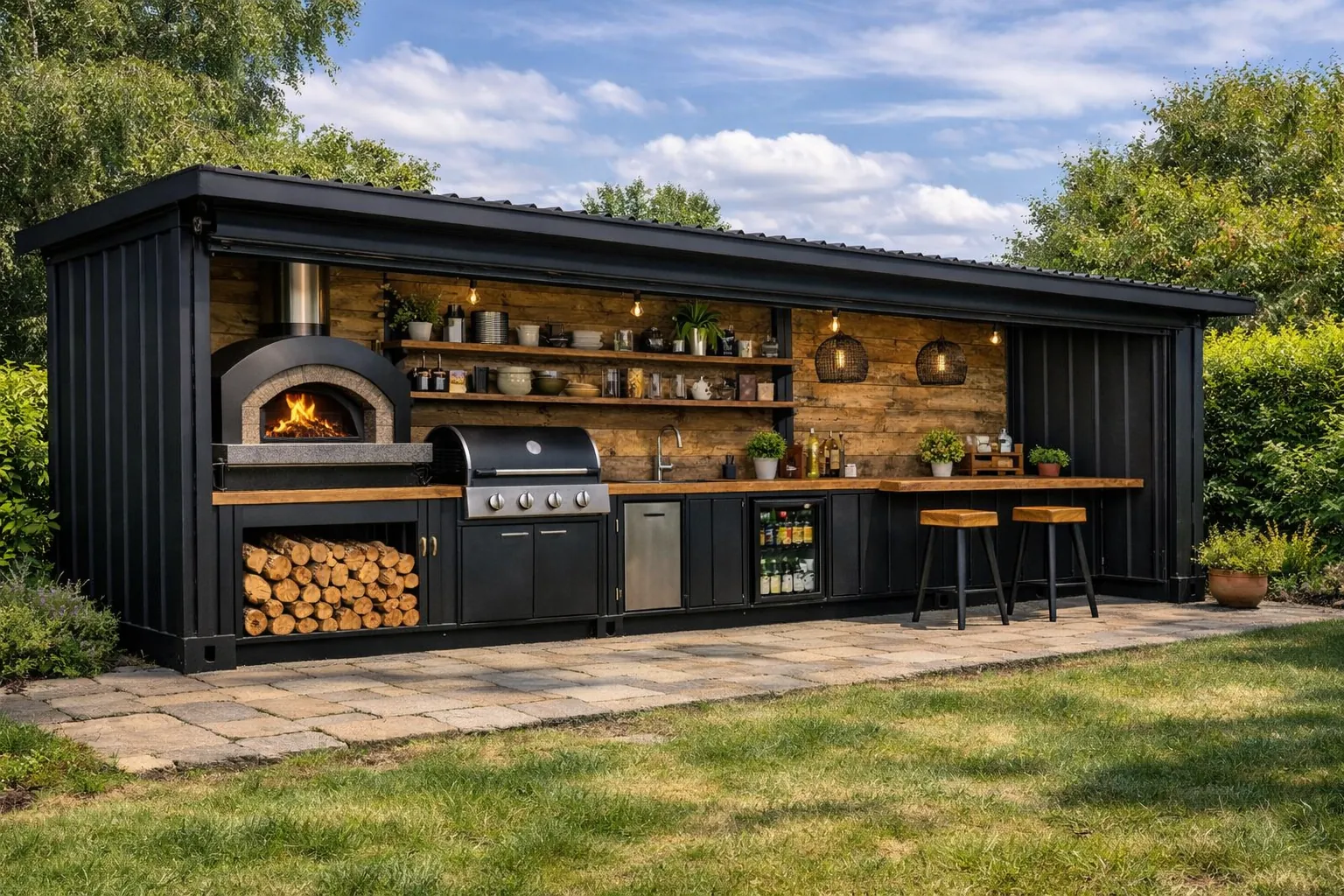 Cuisine d'été en conteneur, structure acier noir mat et volet roulant