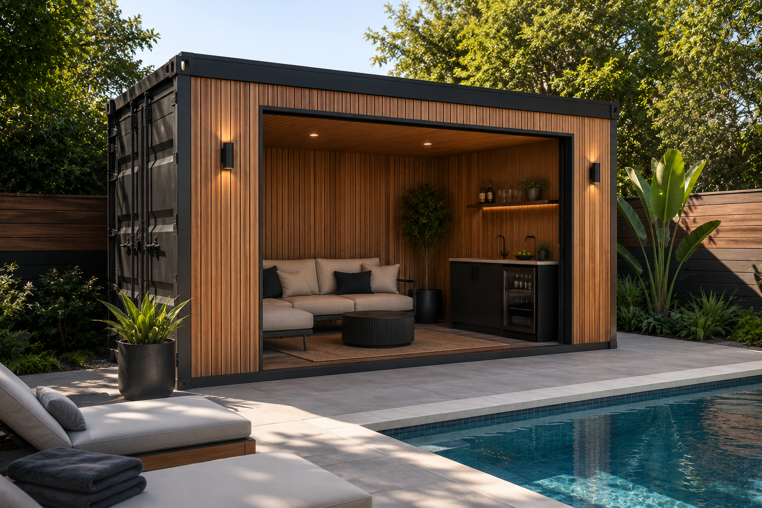 Conteneur transformé en pool house ouvert au bord d'une piscine