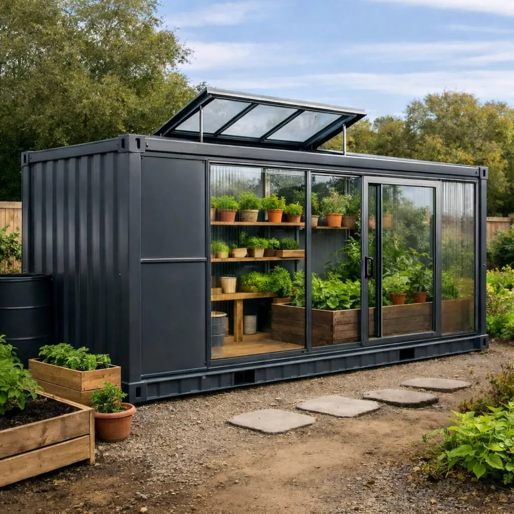 Serre de jardin réalisée à partir d'un conteneur, toiture vitrée