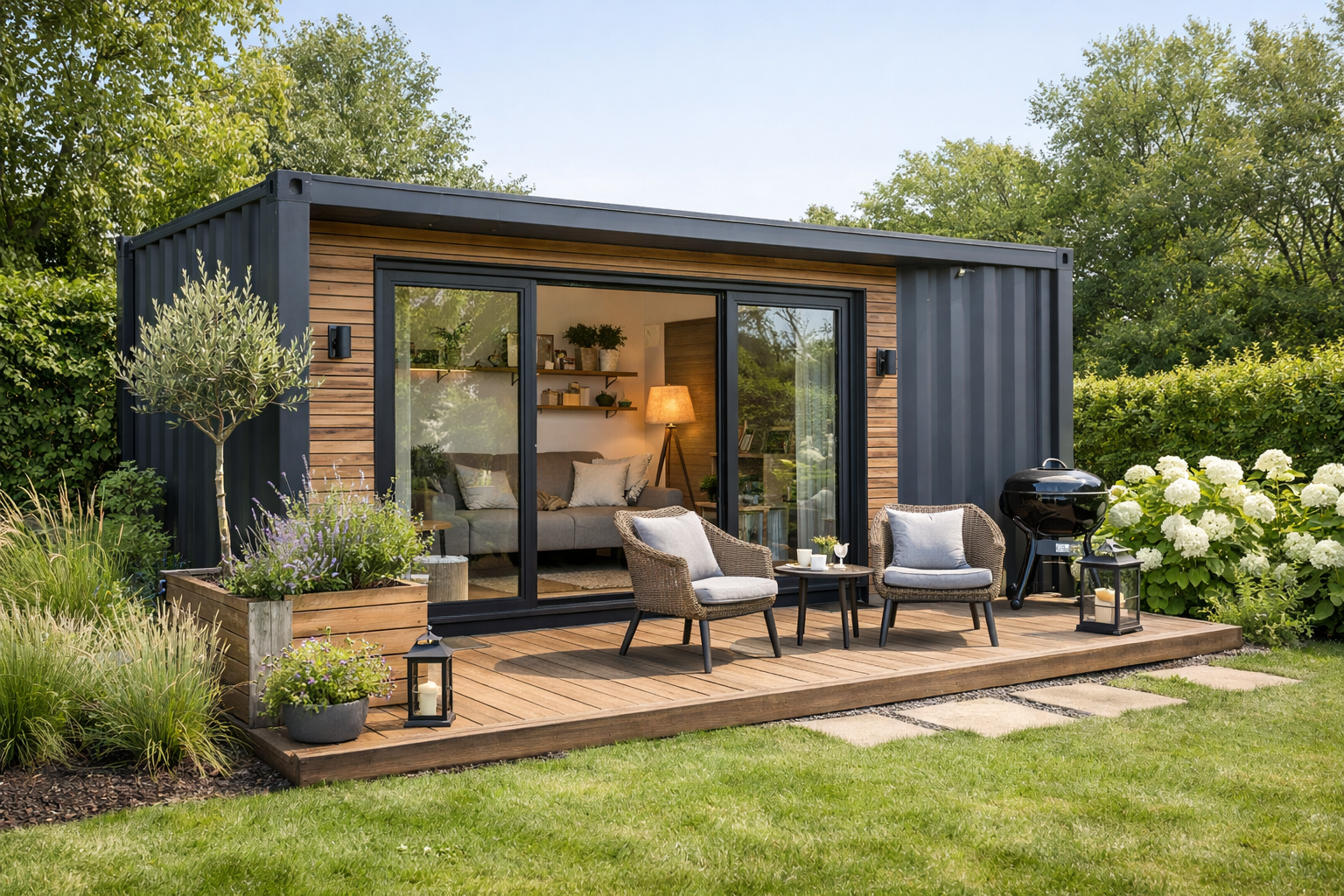 Conteneur aménagé en studio compact habitable avec kitchenette