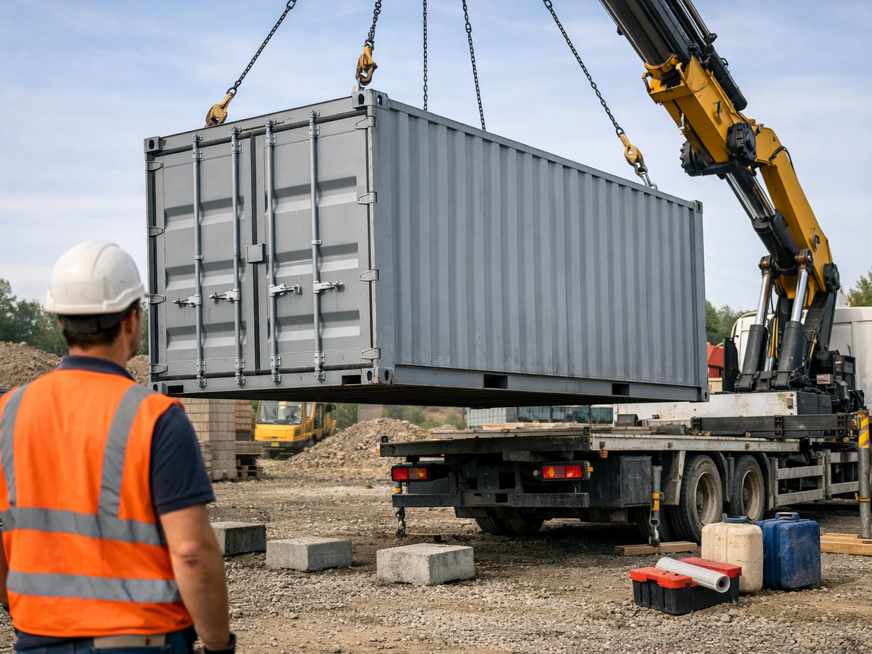 Camion grue déposant un conteneur loué sur le terrain du client