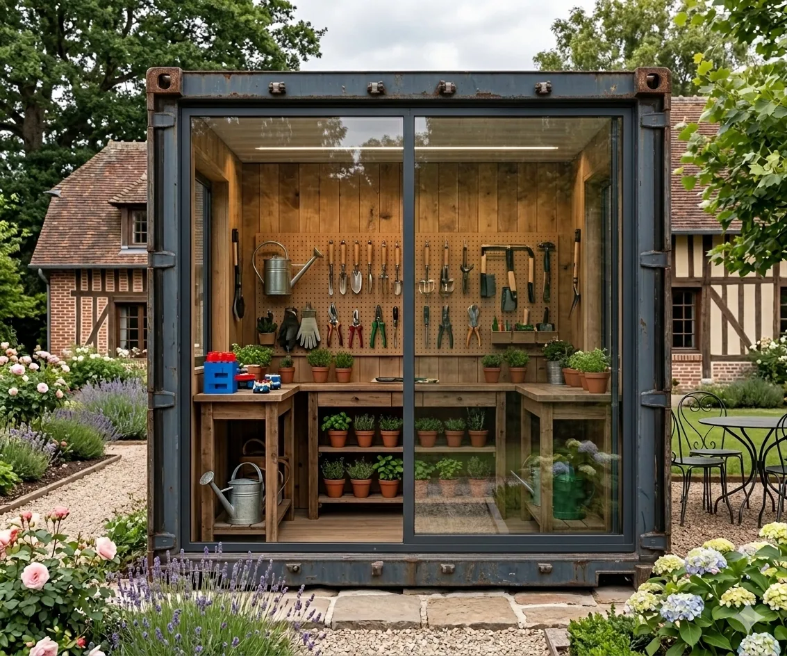 Conteneur maritime transformé en atelier de jardin avec façade vitrée